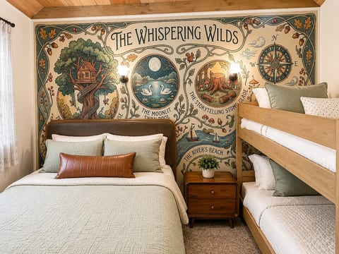 Whimsical Bunk Room with custom woodland mural.
1 Queen Bed + Twin Bunks