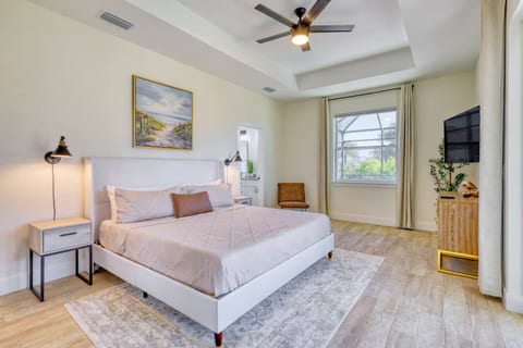 A Large, king mattress is provided for the main bedroom. This very large room also has 2 night stands, overhead remote control fan, LED streaming TV, darkening shades and blinds, and your own private bathroom. 
