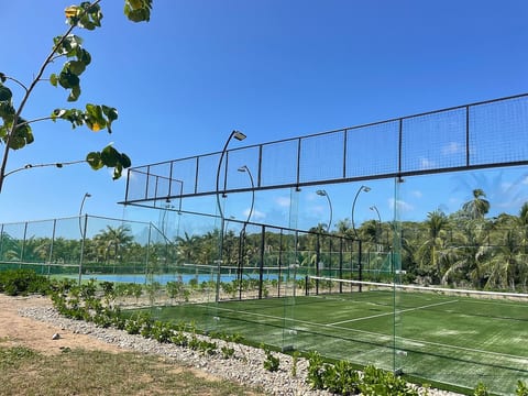 We have brand new tennis, pickle ball, paddle ball, and basket ball courts