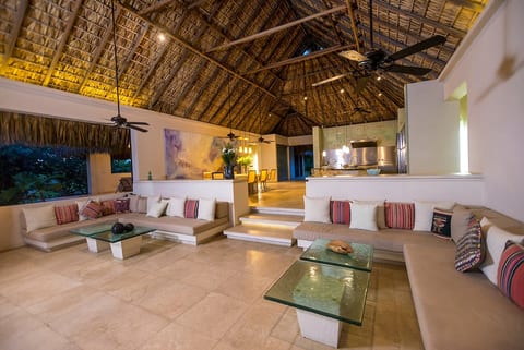 Great room, indoor dining area and chef's kitchen
