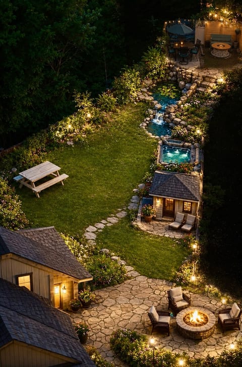 Expansive outdoor living areas centered with the Courtyard and Casita. The Master Suite, Kitchen & Fire Pit on one side, Hot Soak Tub, Custom Ponds, & Outdoor Dining secluded on the other side of the expansive outdoor oasis.