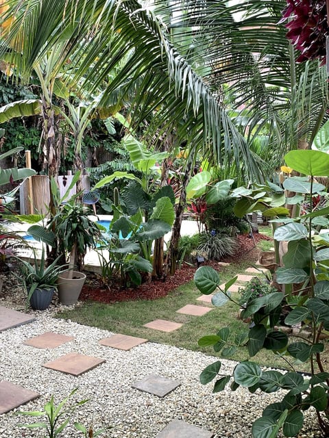 View of shared garden and pool from the front door.