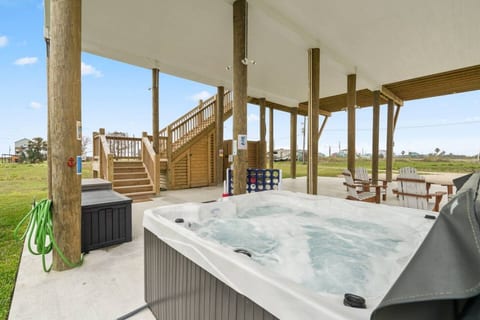 Hot tub and patio, steps from the yard