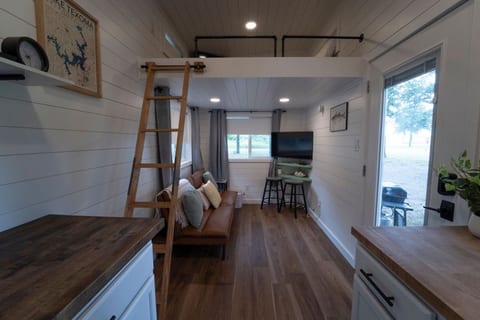 Bright living space with a loft bed and a smart TV