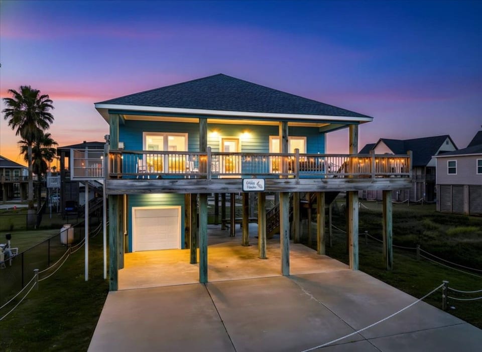Twilight glow on the wraparound deck