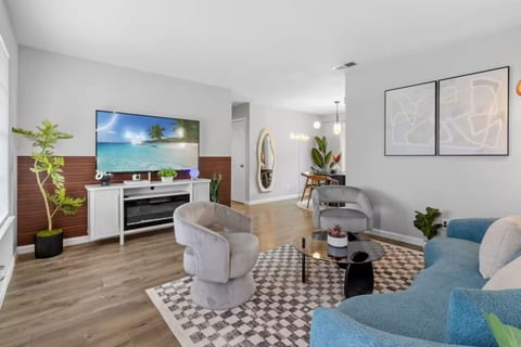Living room with a big smart TV and electric fireplace