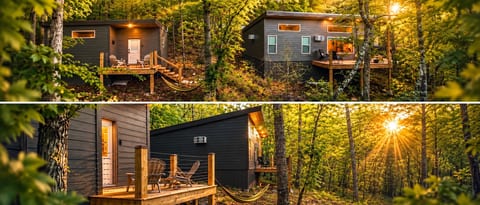 Modern forest cabin with private decks, hammock, and serene wooded views