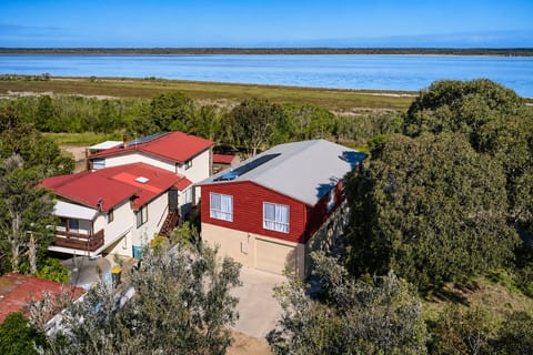 The view from outside : The elevated setting at Carlenes Getaway gives the home its Lake Victoria outlook and relaxed Loch Sport coastal feel.