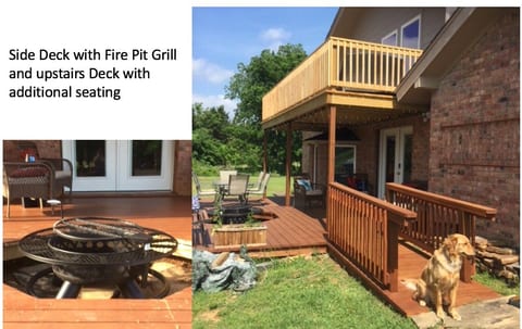 This side deck has 2 levels, the upper has a sitting area and a fire pit which can cook hotdogs, hamburgers, steaks or S'MORES perfectly! The lower back portion of the deck has a large outside dinner table with seating for 8.
