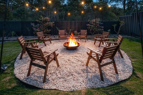 Outdoor Area : Spend the evening fireside in this inviting backyard, surrounded by festoon lights and comfortable seating.