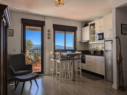 Living room and kitchenette with panoramic terrace access