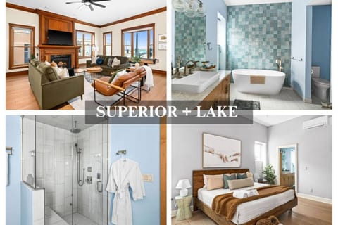 Collage photo of living room, master bed and bath