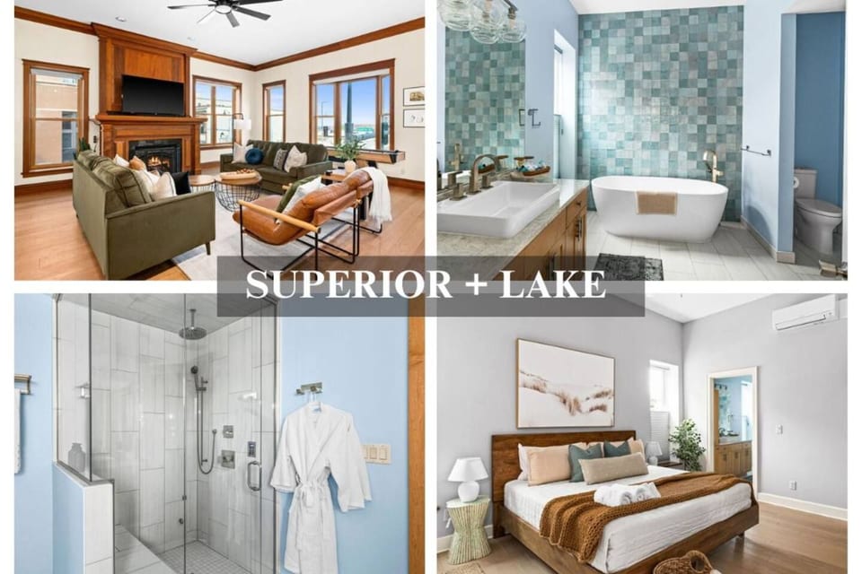 Collage photo of living room, master bed and bath