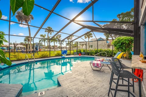 Hernando Hideaway’s private screened heated saltwater pool — perfect for sunny afternoons and relaxing after a day on the water.