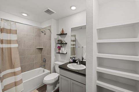 guest bathroom, lots of space for storage.