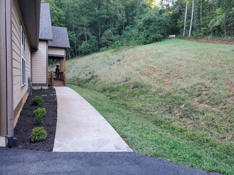 Back door for check-in. Wildlife can often be seen just past the bench and coming down the mountain. Property extends beyond the bench and property lines are indicated with pink ribbons.
