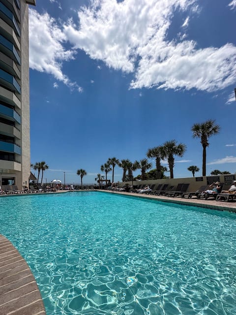 Outdoor swimming pool in Ocean Reef resort. The swimming pool is heated and open year round.