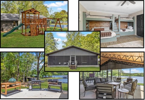 Lakeside getaway with bunk room, playset, grills & covered patio