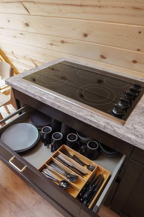 Well-stocked kitchenette with sleek cooktop and organized essentials