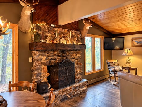 Cozy lodge-style living room with stone fireplace and scenic woodland views