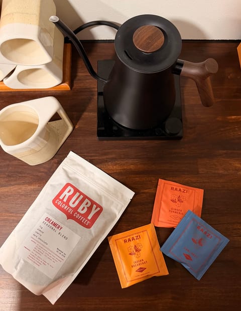 Stylish coffee and tea station with artisan blends and modern kettle