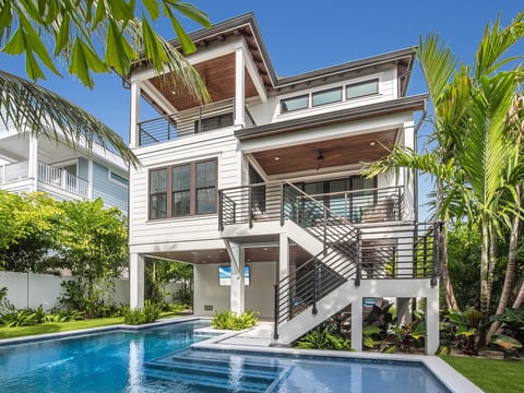 Multi-level decks overlooking the pool