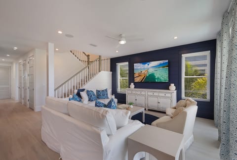 Sunlit living room with beachy flair
