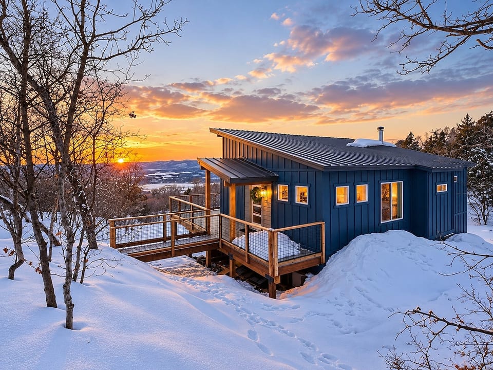 Hummingbird Hideaway cabin and wraparound deck glowing at snowy sunset