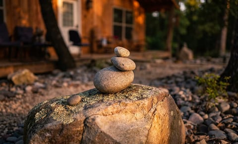 Peaceful cabin setting with natural stone landscaping and cozy porch