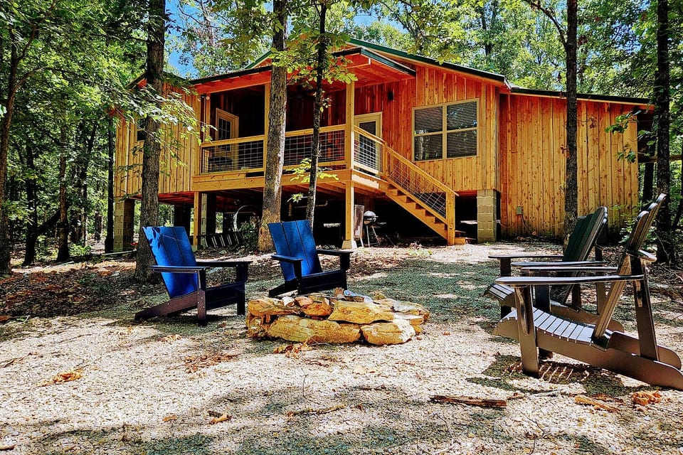 Rear of Cabin, secluded rustic cedar cabin nestled in Ozark woods.