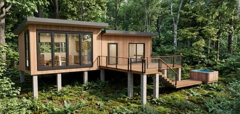 Modern forest cabin with panoramic windows, deck, and private hot tub