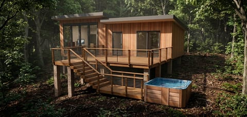 Secluded modern cabin with forest views, wraparound deck & hot tub