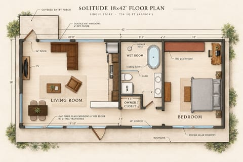 Smart 1-bed floor plan with soaking tub, wet room, and bright open living
