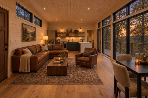 Cozy modern cabin living with stunning sunset views and warm wood interiors