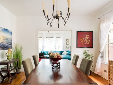 A formal dining area seats six comfortably