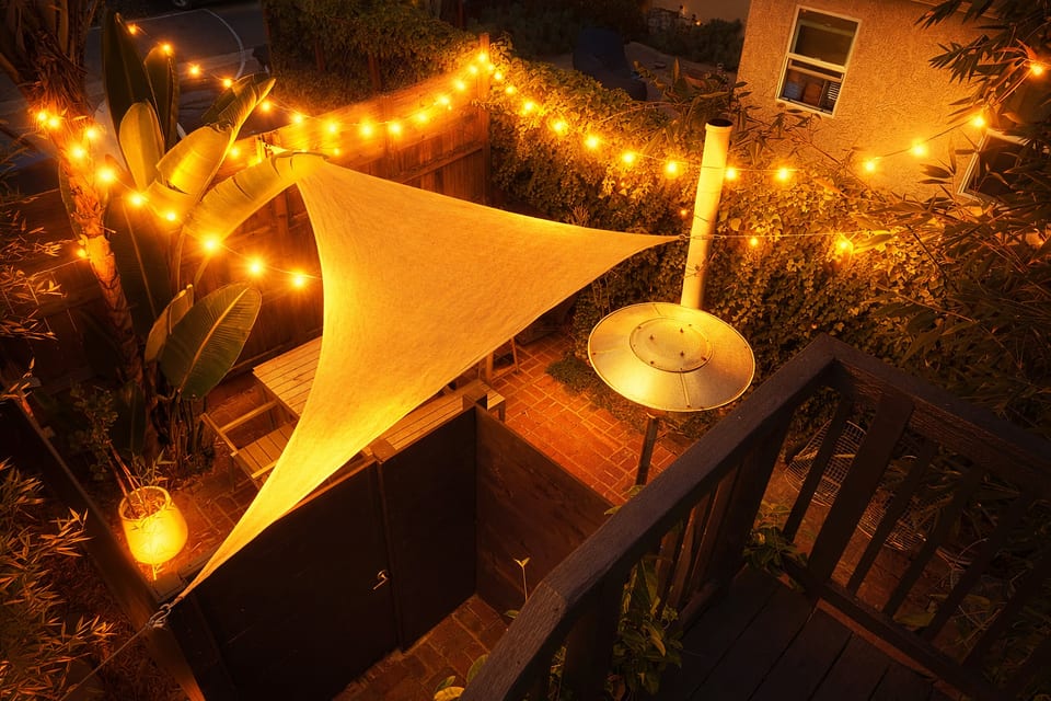 Private patio, after dark.