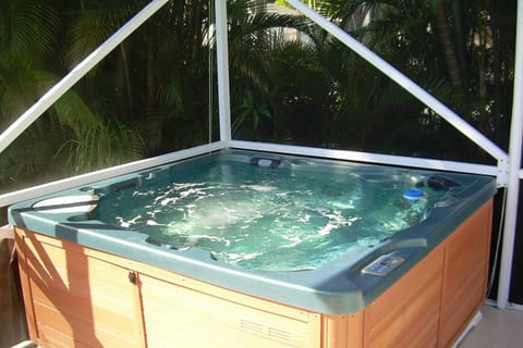 Deluxe Hot Tub with Waterfall & Colored LED Lights Overlooks Tiki Garden