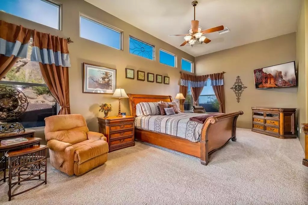 Master Bedroom with King bed and French doors to access the backyard.  Complete with massage chair and TV. - Private Resort! Heated Pool, 4 king beds. Mt views - Mesa