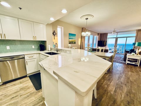 Kitchen, dining and living view
