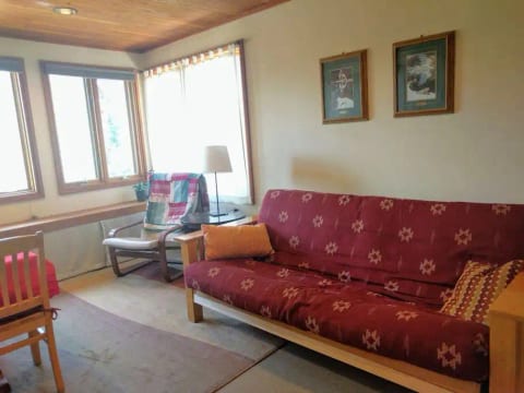 Living room with our futon. It folds down into a full size bed. Great if you are traveling with a teenager.