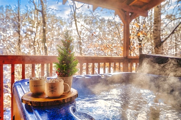 Melt your stress and worries away by relaxing in the hot tub and nature surrounding.