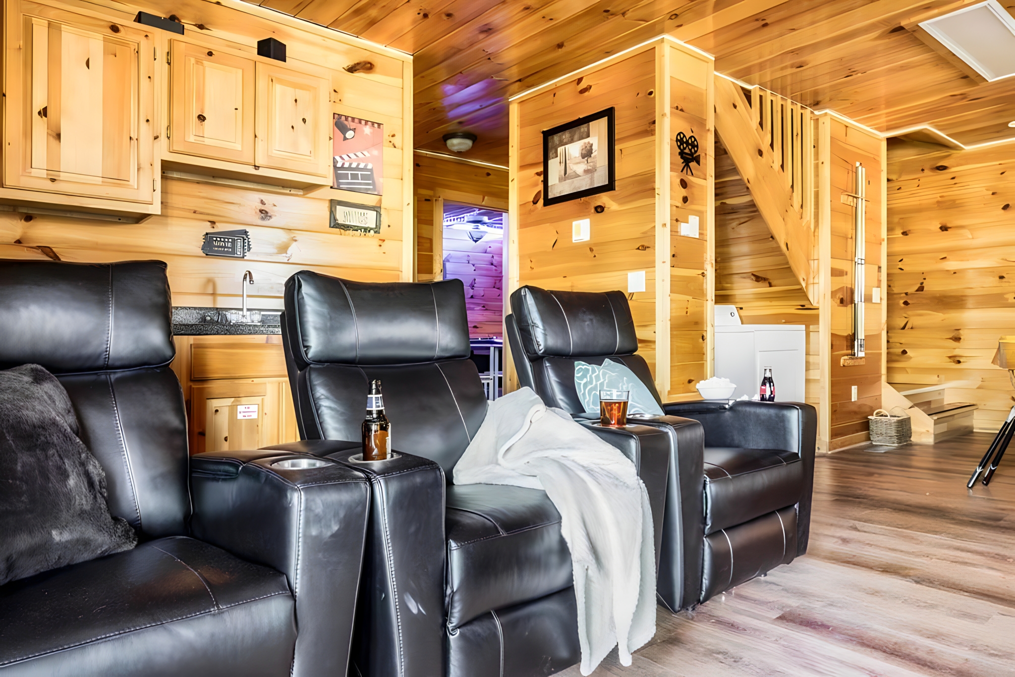 Get comfy and snuggle up on extra comfy leather recliners and enjoy your favorite movie.