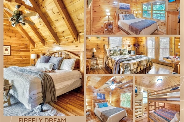 Experience ultimate comfort in our spacious 5-bedroom retreat, featuring cozy, true log bed frames. Perfect for families and groups, each bedroom blends luxury with rustic charm for a restful stay.