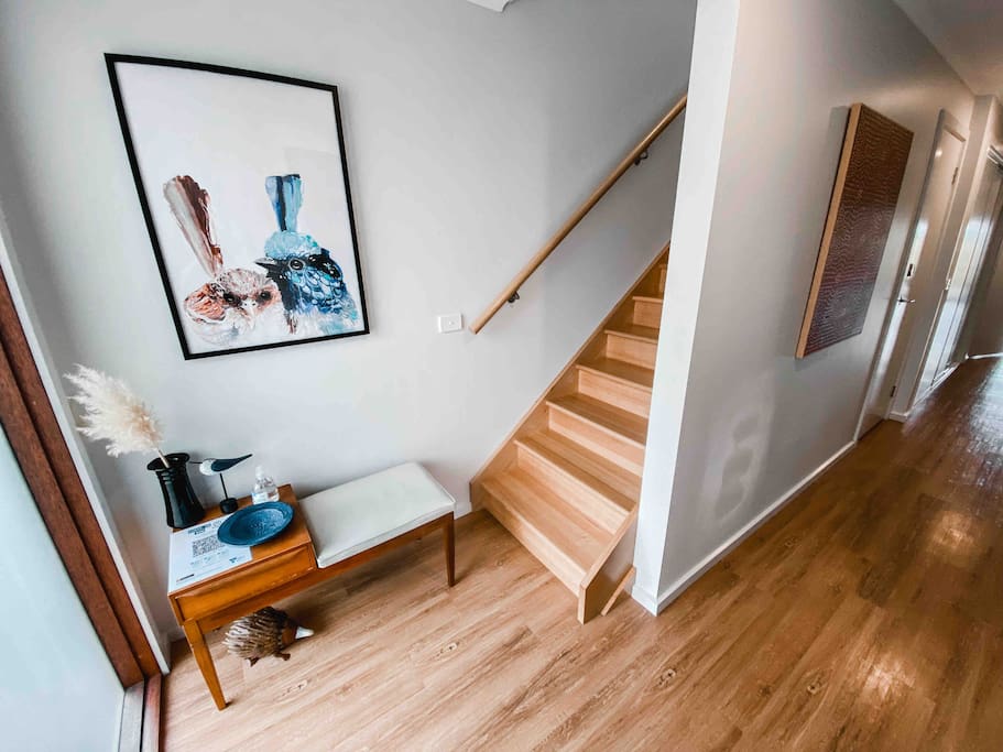 Front entrance of Jandi. Lovingly furnished with a mix of nostalgic mid century and comfy modern furniture. Special touches in each room to discover