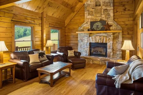 Main level living room with cathedral ceiling and stone gas fireplace for staying warm on cool nights.