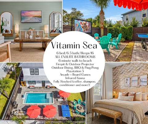 Welcome to Vitamin Sea 🌴
6 bedrooms, all ensuite baths, private pool, firepit, outdoor movie nights, arcade games, and just a short walk to Miramar Beach. Built for unforgettable family vacations on the Emerald Coast.