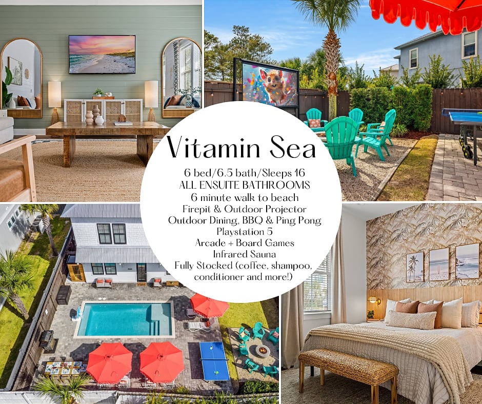 Welcome to Vitamin Sea 🌴
6 bedrooms, all ensuite baths, private pool, firepit, outdoor movie nights, arcade games, and just a short walk to Miramar Beach. Built for unforgettable family vacations on the Emerald Coast.