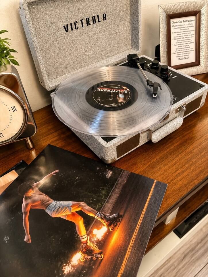 Unwind as you check in with the retro record player