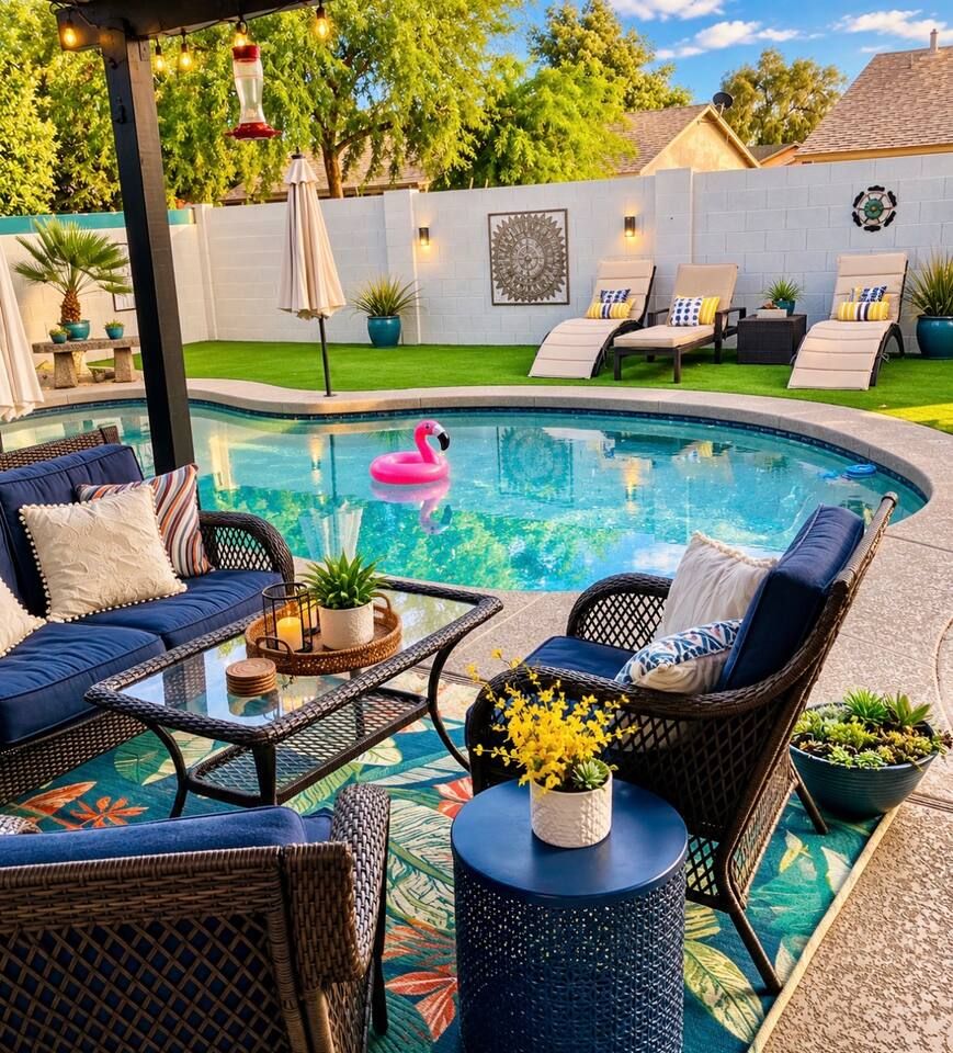 Comfy outdoor covered seating by the pool with Smart TV, dine Al Fresco Poolside. Stadium Oasis Glendale, Arizona