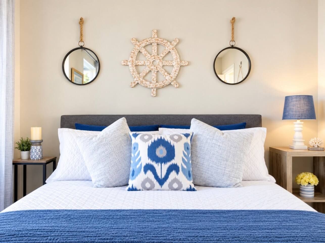 The Blue Nautical Bedroom with QUEEN size Purple mattress bed and Smart TV. Stadium Oasis Glendale, Az